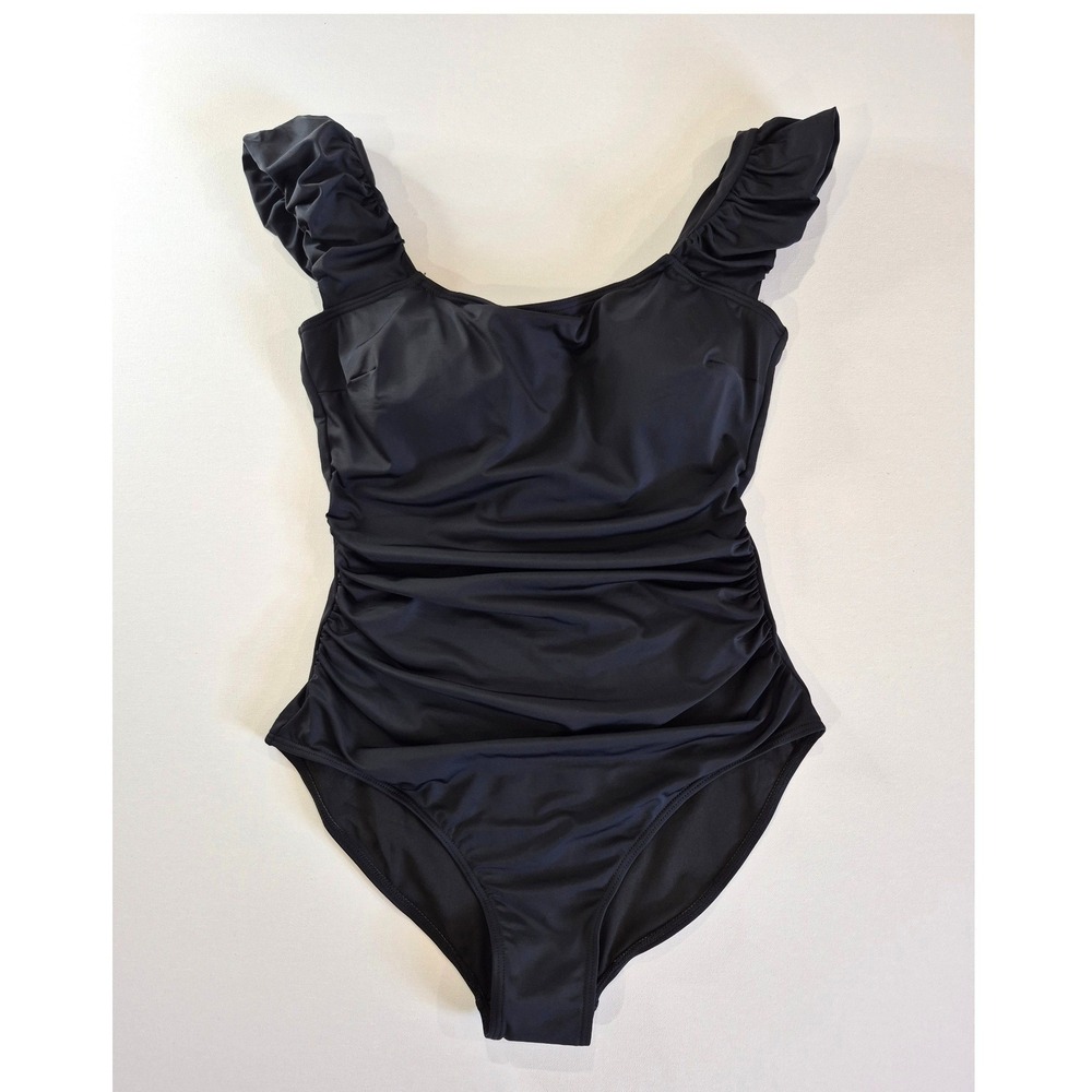 Eomenie Black Ruched One Piece Swimsuit Ruffle Strap Tie Back Size Medium‎